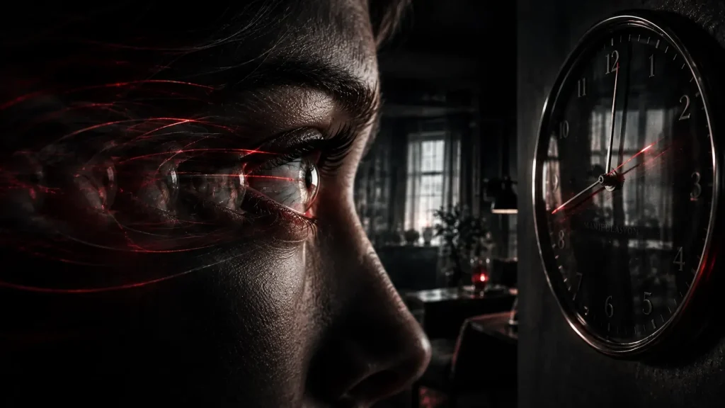 Create a dark cinematic editorial illustration about chronostasis, the strange sensation that the first second appears unusually long when looking at a clock immediately after an eye movement. Show a realistic human eye rapidly shifting toward an analog clock, with the first visible second subtly stretched through a sophisticated visual illusion while the surrounding environment remains sharp and physically grounded. The clock should be recognizable but should not dominate the composition; the real focus is the relationship between eye movement, visual processing and subjective time perception. Use elegant motion echoes around the eye and subtle temporal distortion rather than obvious fantasy effects. Premium investigative-magazine aesthetic, highly detailed, psychologically intriguing, photorealistic textures with subtle surrealism. Black, charcoal, graphite and muted gray palette with restrained deep blood-red accents around the eye movement and selected clock reflections. Dramatic rim lighting, deep shadows, atmospheric haze, realistic glass, skin and metal textures, cinematic depth of field. In the subtle central area, naturally integrate the exact Turkish word “MANİPÜLASYON” as a barely visible reflection on the clock glass. It must be difficult to notice initially but readable upon closer inspection. No other visible text, numbers, logos, watermark, captions, headlines or interface text. 16:9 horizontal composition, premium contemporary editorial artwork, clear at thumbnail size.