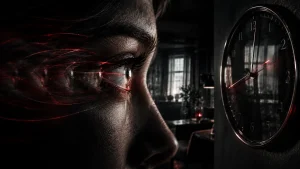 Create a dark cinematic editorial illustration about chronostasis, the strange sensation that the first second appears unusually long when looking at a clock immediately after an eye movement. Show a realistic human eye rapidly shifting toward an analog clock, with the first visible second subtly stretched through a sophisticated visual illusion while the surrounding environment remains sharp and physically grounded. The clock should be recognizable but should not dominate the composition; the real focus is the relationship between eye movement, visual processing and subjective time perception. Use elegant motion echoes around the eye and subtle temporal distortion rather than obvious fantasy effects. Premium investigative-magazine aesthetic, highly detailed, psychologically intriguing, photorealistic textures with subtle surrealism. Black, charcoal, graphite and muted gray palette with restrained deep blood-red accents around the eye movement and selected clock reflections. Dramatic rim lighting, deep shadows, atmospheric haze, realistic glass, skin and metal textures, cinematic depth of field. In the subtle central area, naturally integrate the exact Turkish word “MANİPÜLASYON” as a barely visible reflection on the clock glass. It must be difficult to notice initially but readable upon closer inspection. No other visible text, numbers, logos, watermark, captions, headlines or interface text. 16:9 horizontal composition, premium contemporary editorial artwork, clear at thumbnail size.