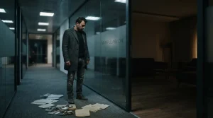 Loş ışıklı bir ortamda iki farklı yöne bakarak kararsız duran bir kişinin, arkasında eski belgeler ve hatıralarla çevrili olduğu sinematik bir sahne.